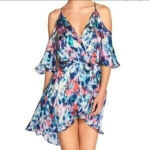NWT Naked Princess Lila 100% Silk Watercolor Blue Floral Wrap Dress Size M L